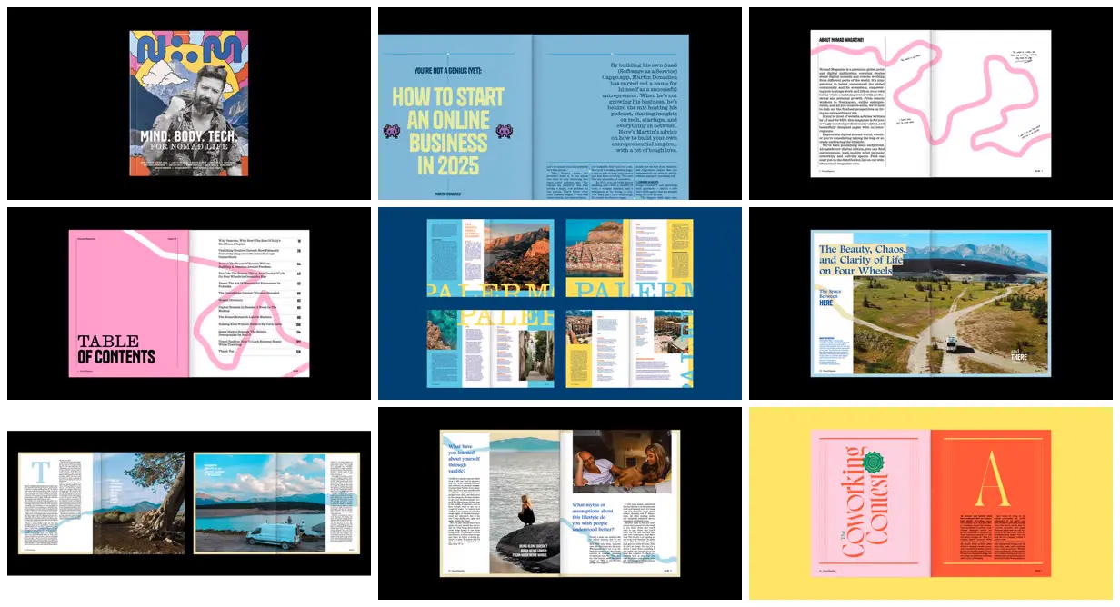 Nine frames from across Colorful nomad magazine spreads