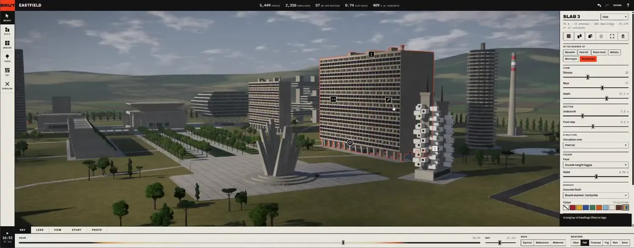 Frame from Brutalist city builder in raw concrete