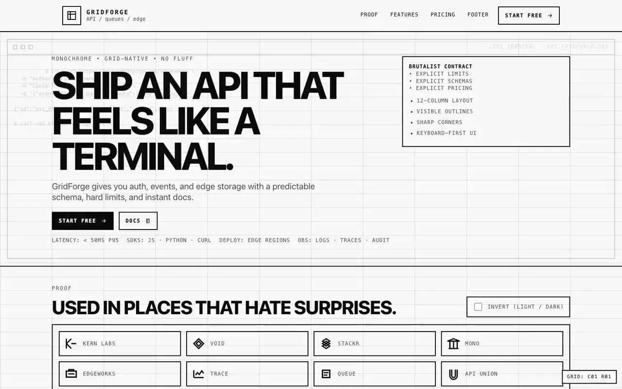 Frame from Brutalist landing page for an API platform