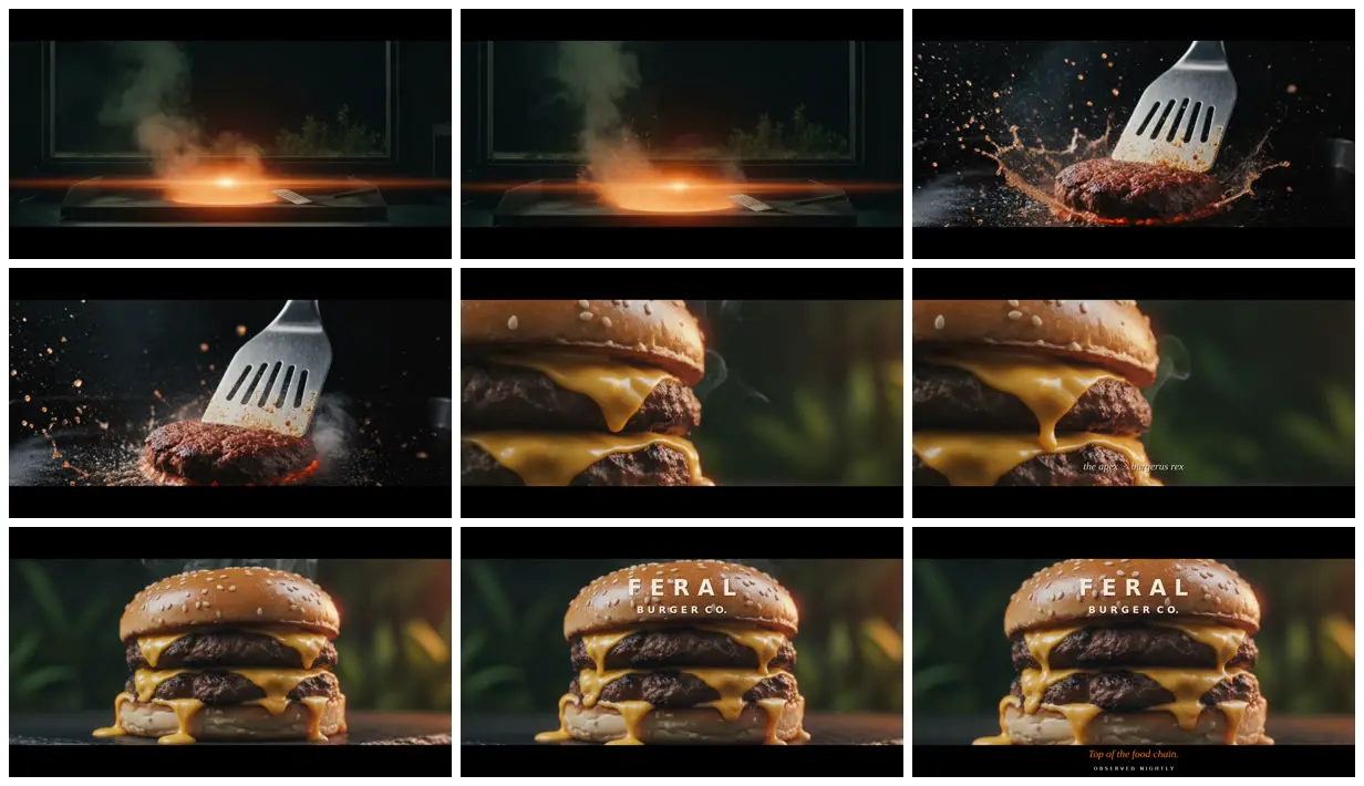 Nine frames from across Burger ad shot as a wildlife documentary