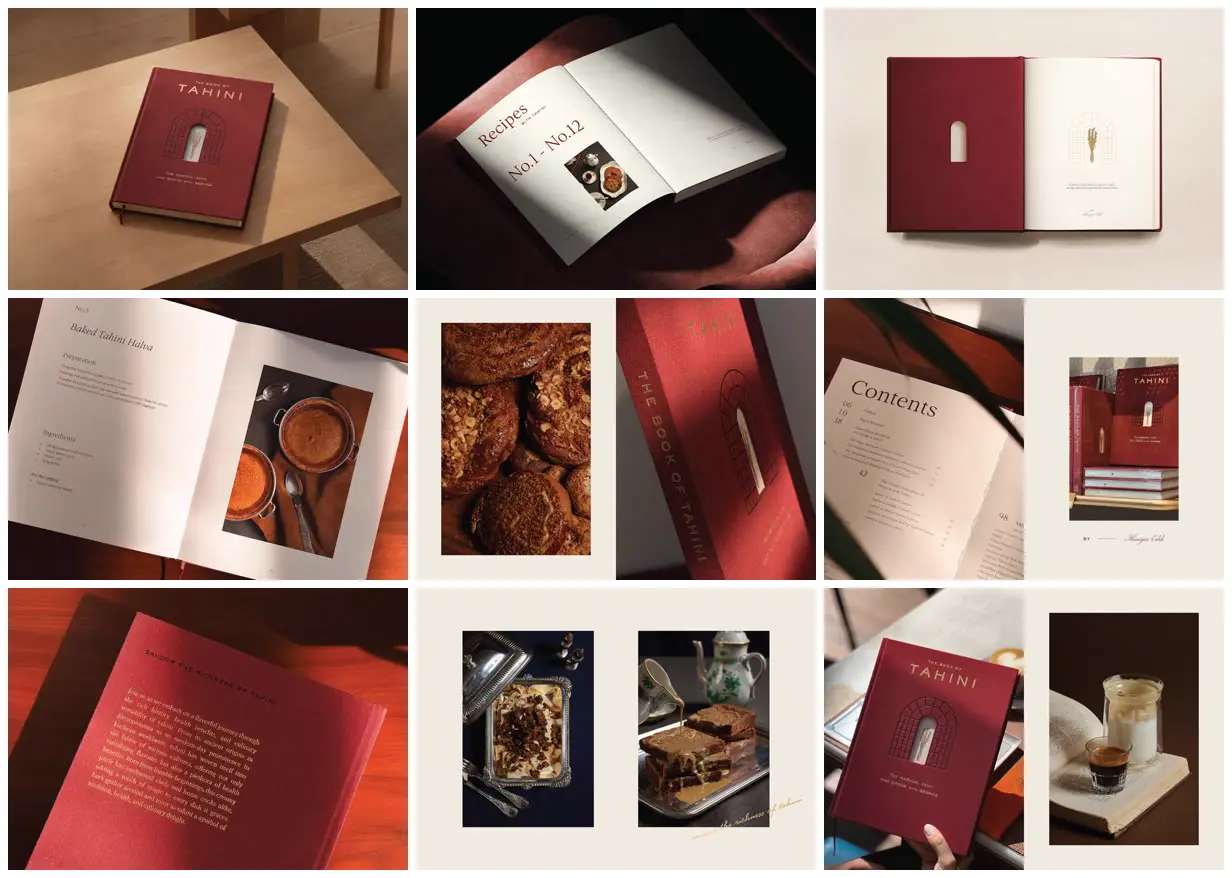 Nine frames from across Tahini cookbook with an arched window