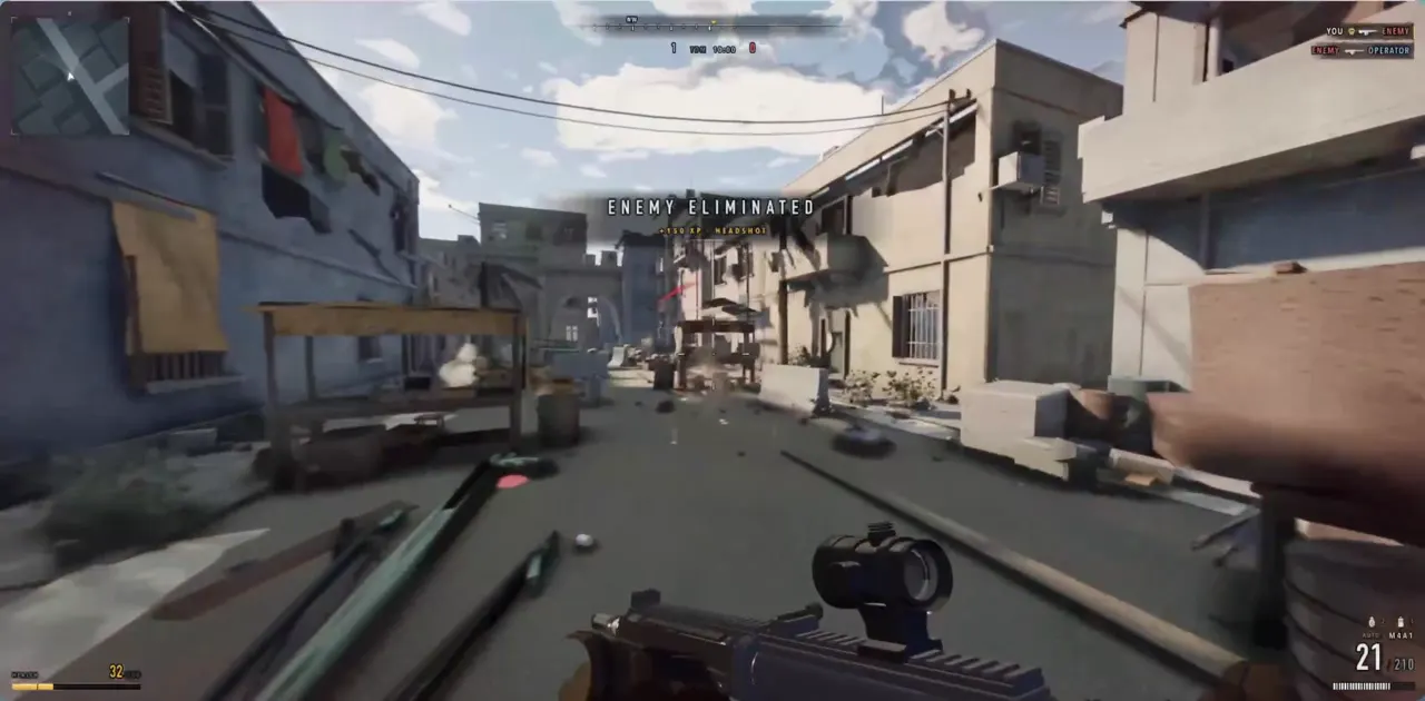 Frame from Call of Duty-style FPS on a market street