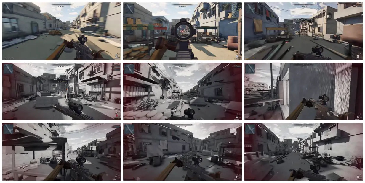 Nine frames from across Call of Duty-style FPS on a market street