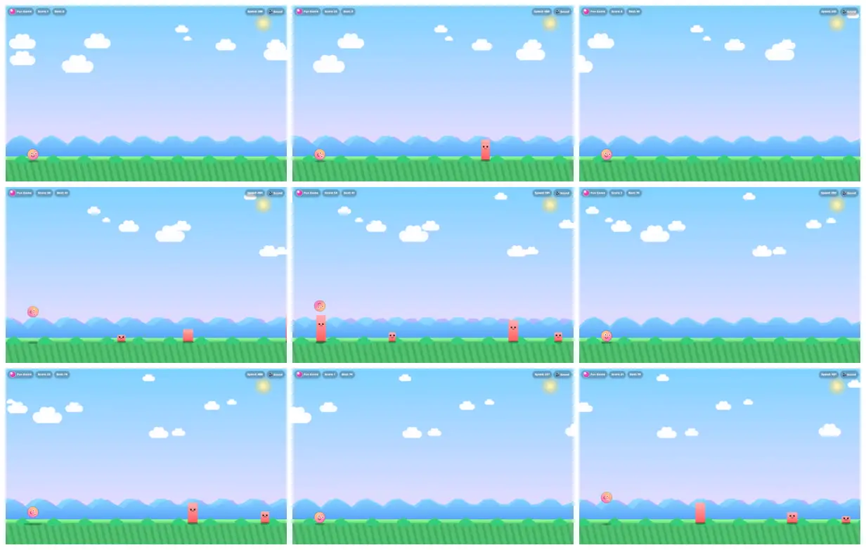 Nine frames from across Cartoon endless runner over parallax hills