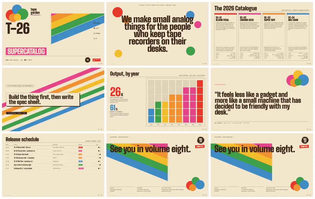 Nine frames from across Rainbow cassette catalogue deck