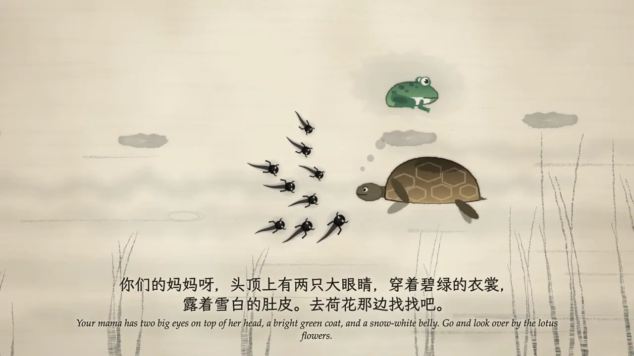 Frame from Ink-wash animation of a tadpole story