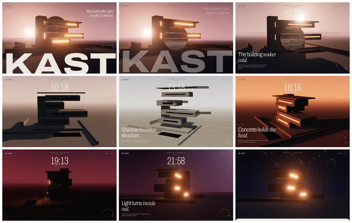 Nine frames from across 3D architecture studio site, dawn to night