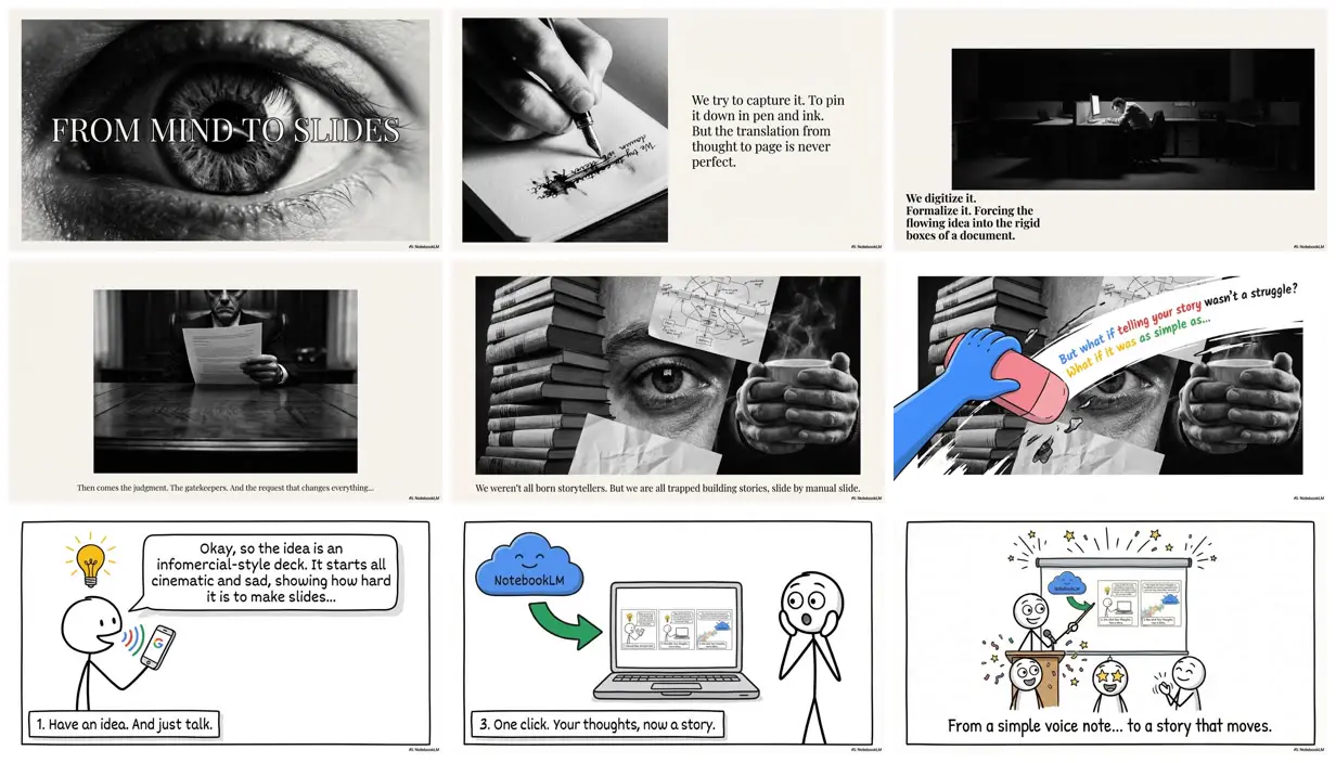 Nine frames from across Cinematic deck that turns into a comic