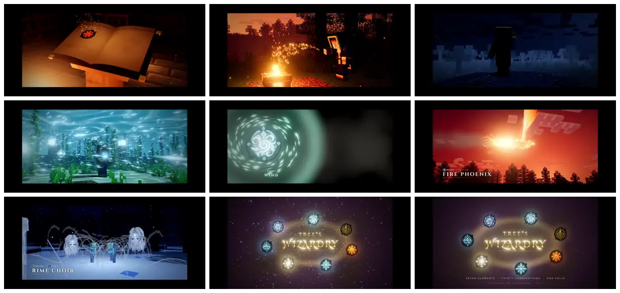 Nine frames from across Trailer for a Minecraft wizardry mod