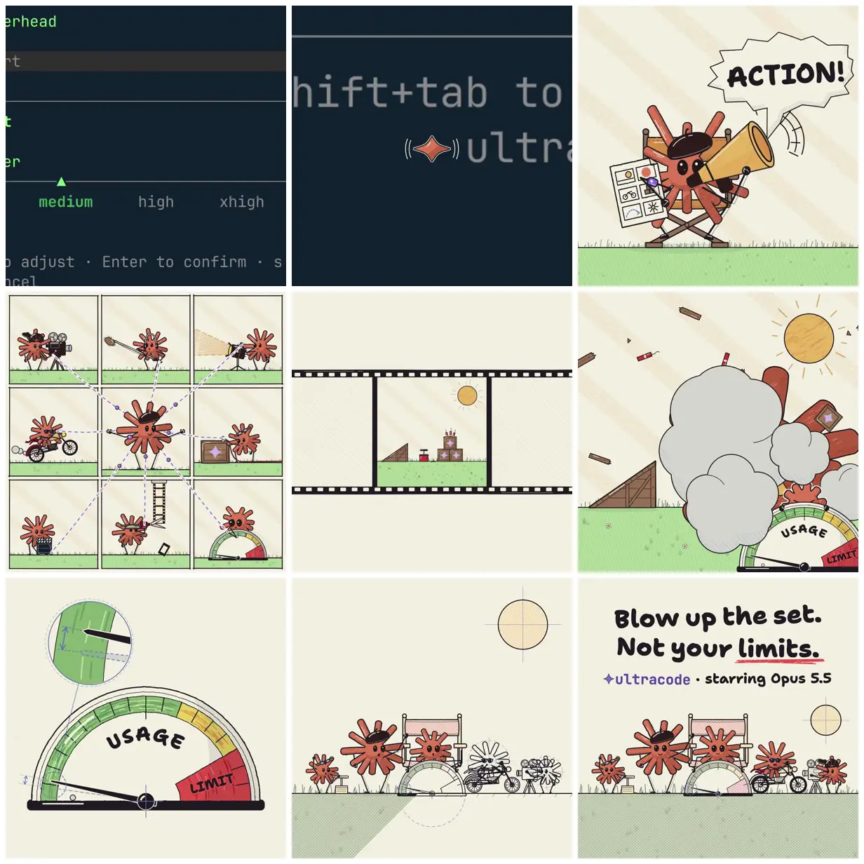 Nine frames from across Claude icons shoot an action movie