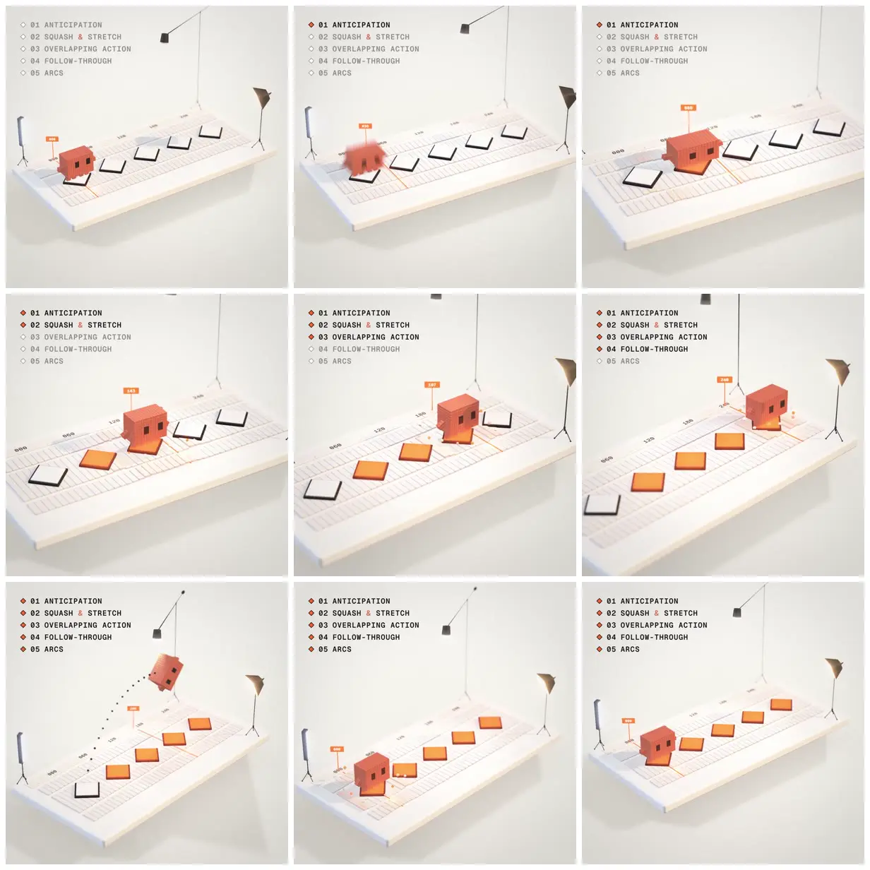 Nine frames from across Claude mascot loop on animation principles