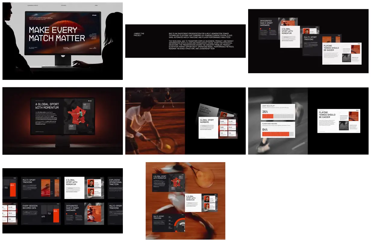 Nine frames from across Clay-orange tennis investment deck