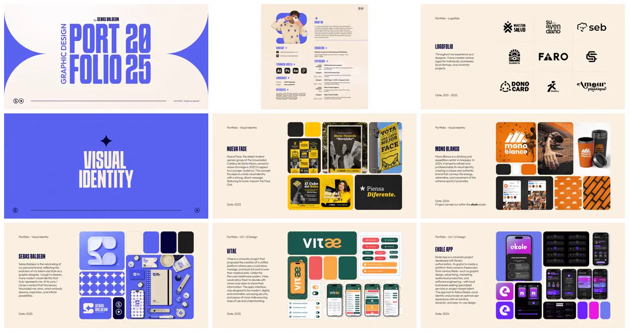Nine frames from across Cobalt and cream portfolio deck