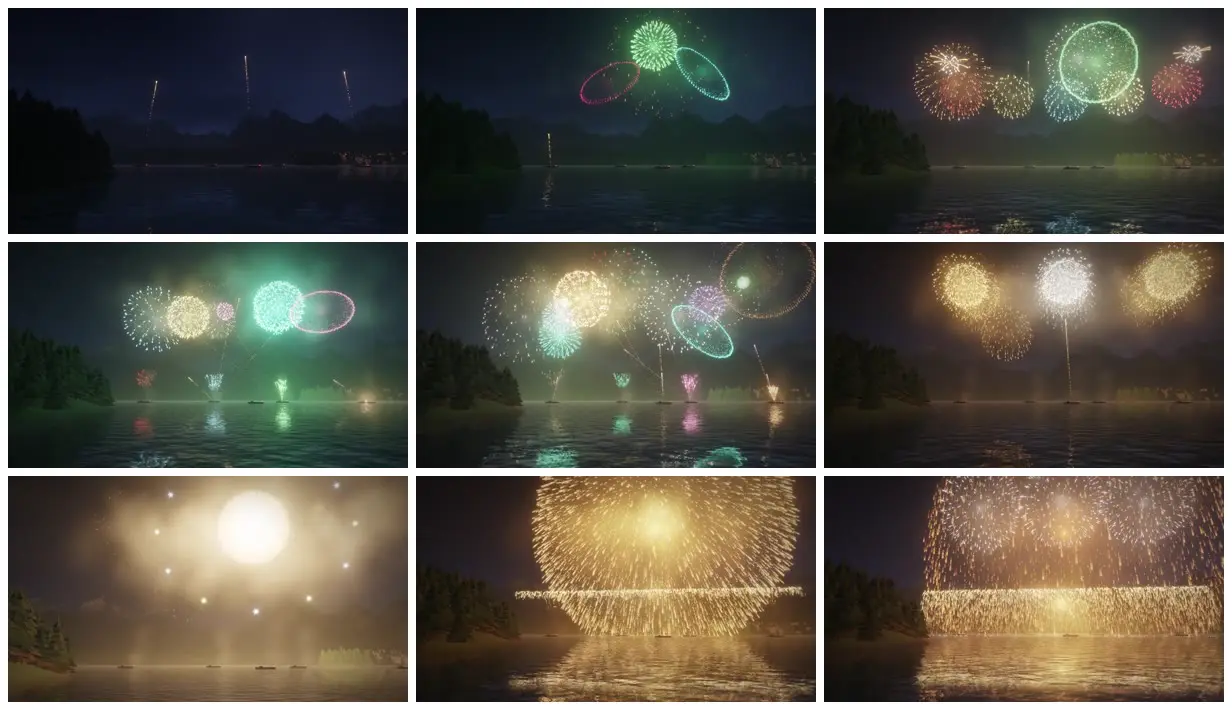 Nine frames from across Fireworks and light-particle show in code