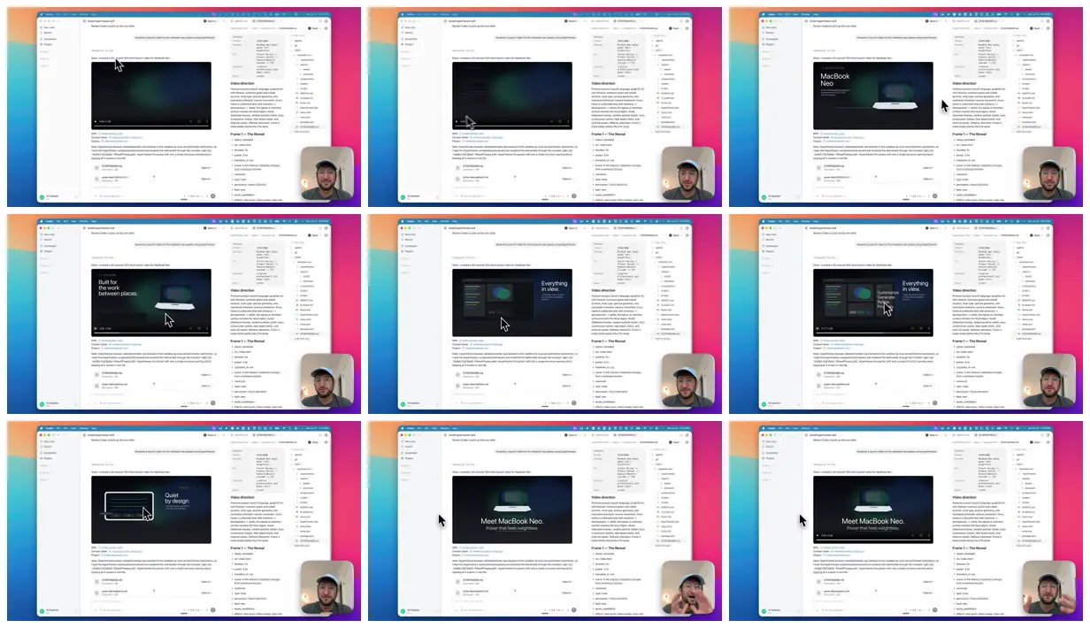Nine frames from across Laptop launch film from a one-line prompt