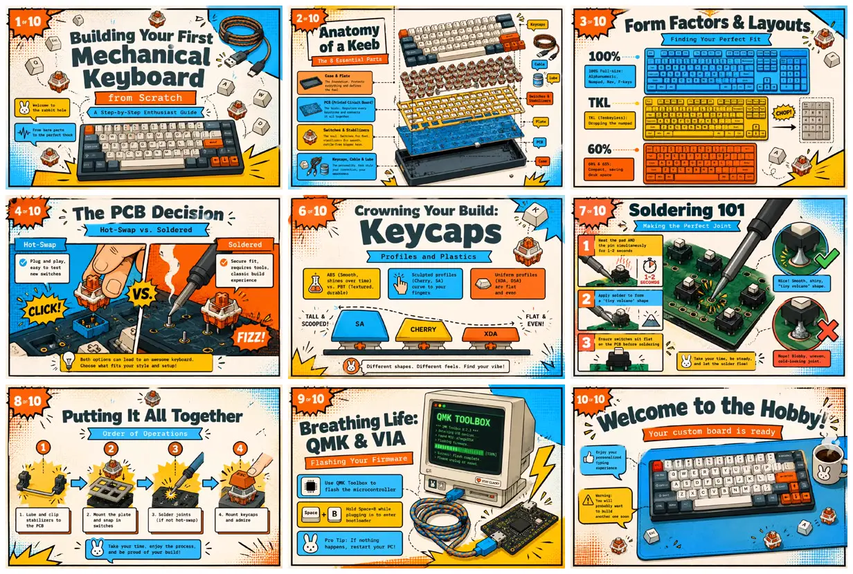Nine frames from across Comic-style keyboard building guide