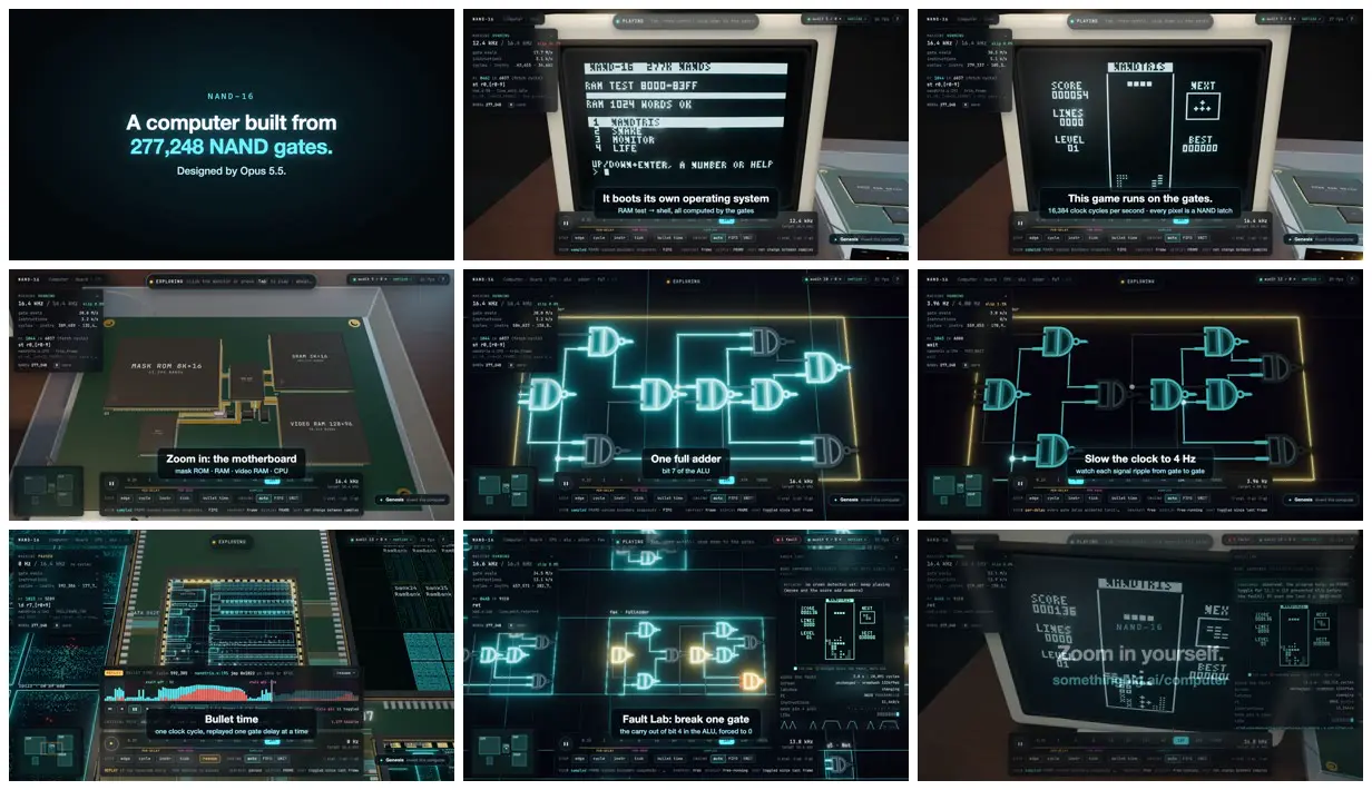 Nine frames from across A computer built from 277k NAND gates