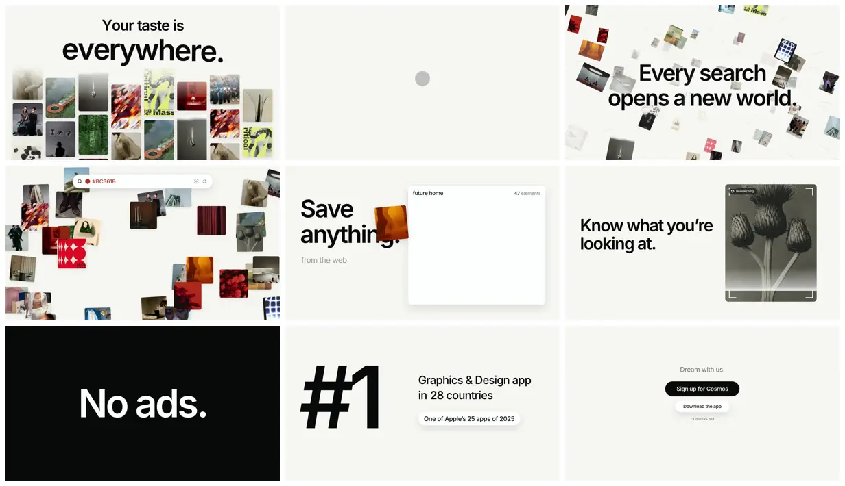 Nine frames from across Launch video for Cosmos, from two prompts