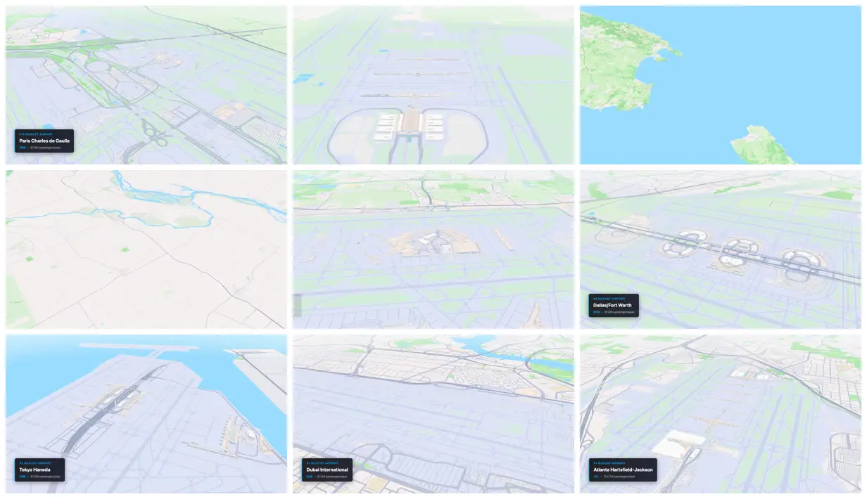 Nine frames from across The 10 biggest airports as a 3D map tour