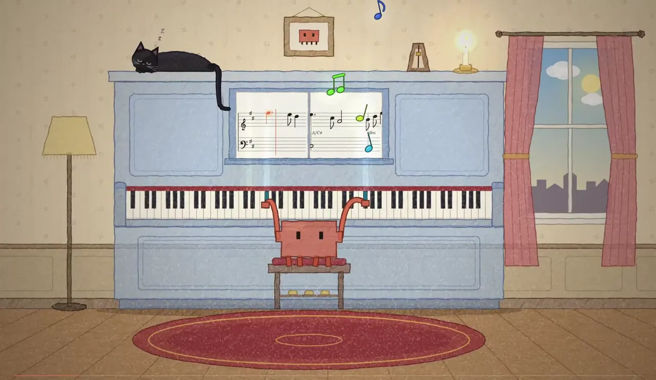 Frame from Crayon piano performance with a black cat