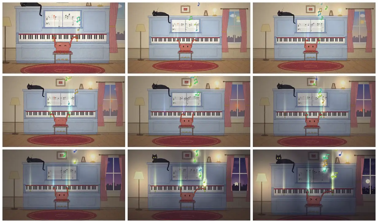 Nine frames from across Crayon piano performance with a black cat