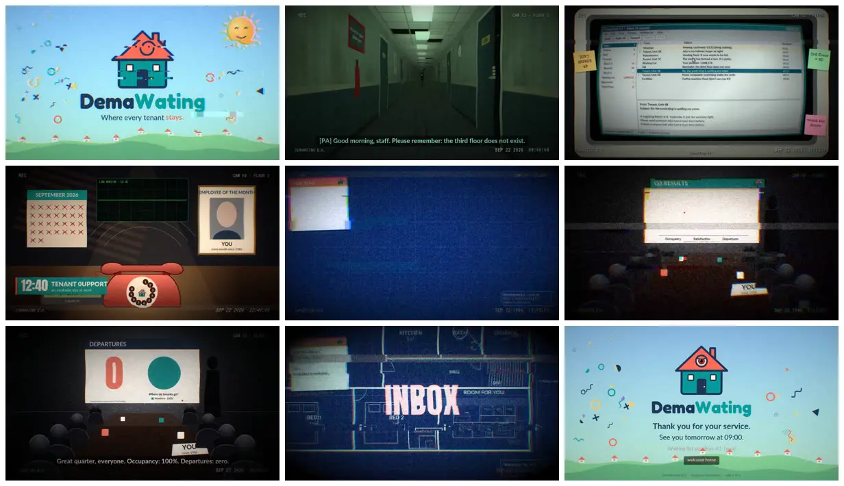 Nine frames from across Surreal horror short about a day at work