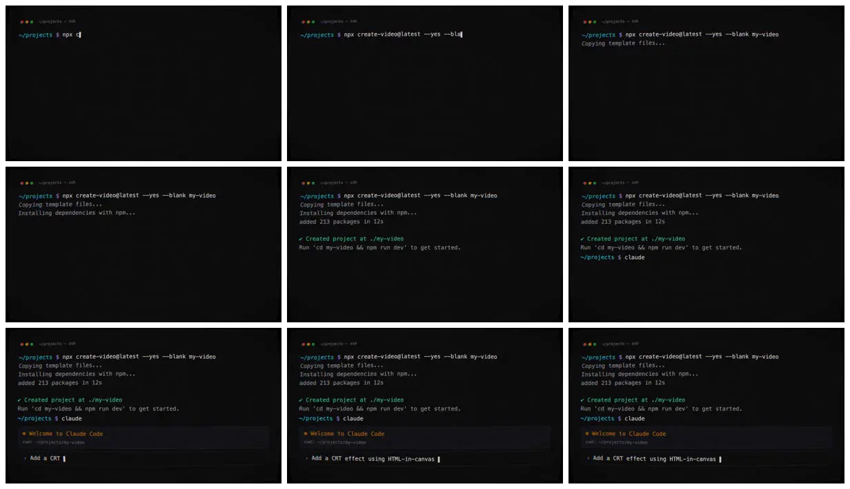 Nine frames from across Terminal under a curved CRT shader