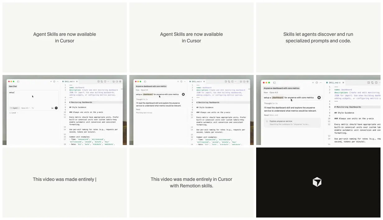 Nine frames from across Cursor Agent Skills announcement