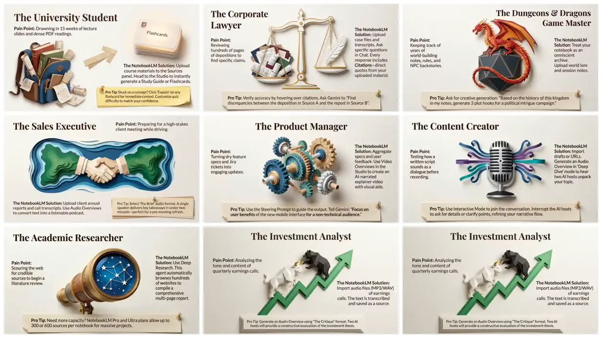 Nine frames from across Cut-paper guide to practical use cases