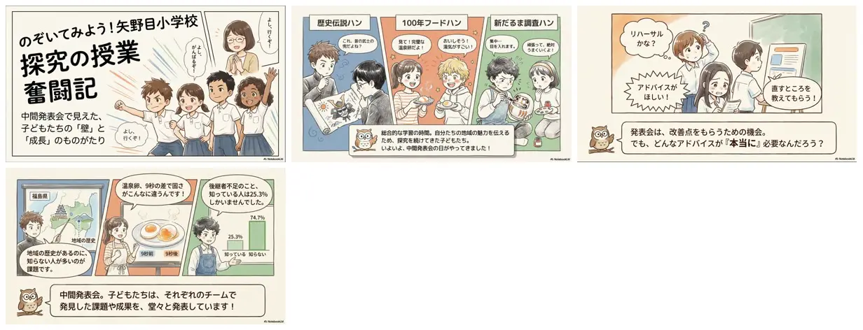 Nine frames from across Cute manga deck recapping a school lesson