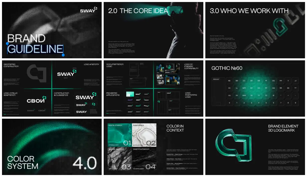 Nine frames from across Emerald and grain brand guidelines