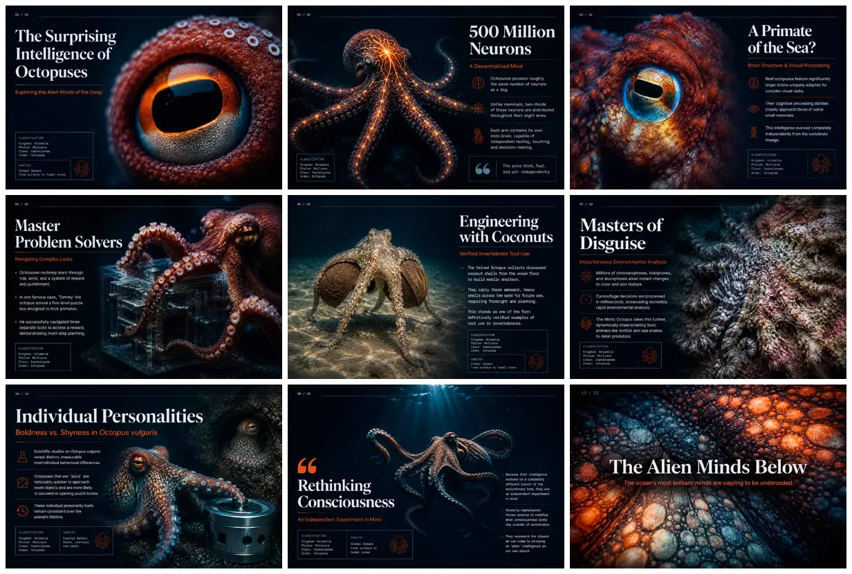 Nine frames from across Octopus intelligence in the dark