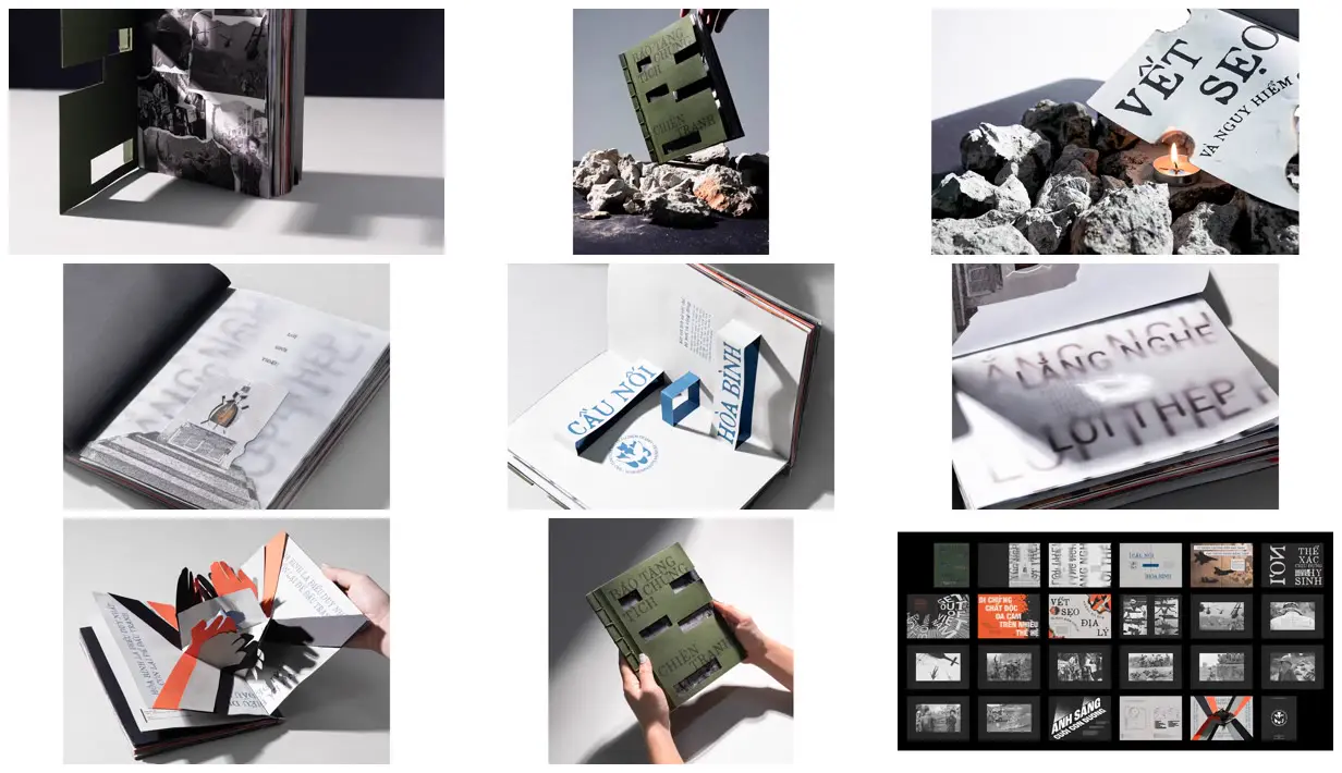 Nine frames from across War museum zine with layered cutouts