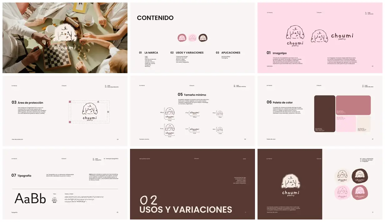 Nine frames from across Doodle-dog pastry brand manual
