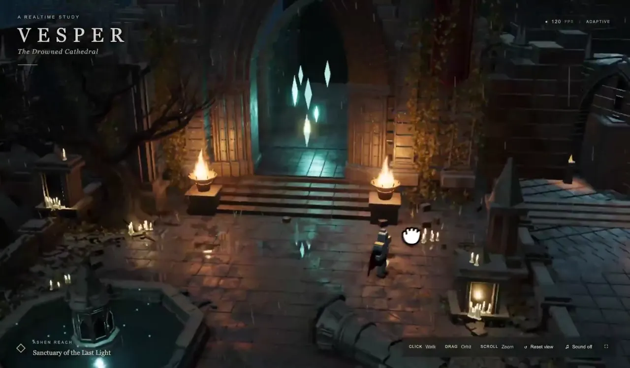 Frame from Drowned cathedral courtyard at night
