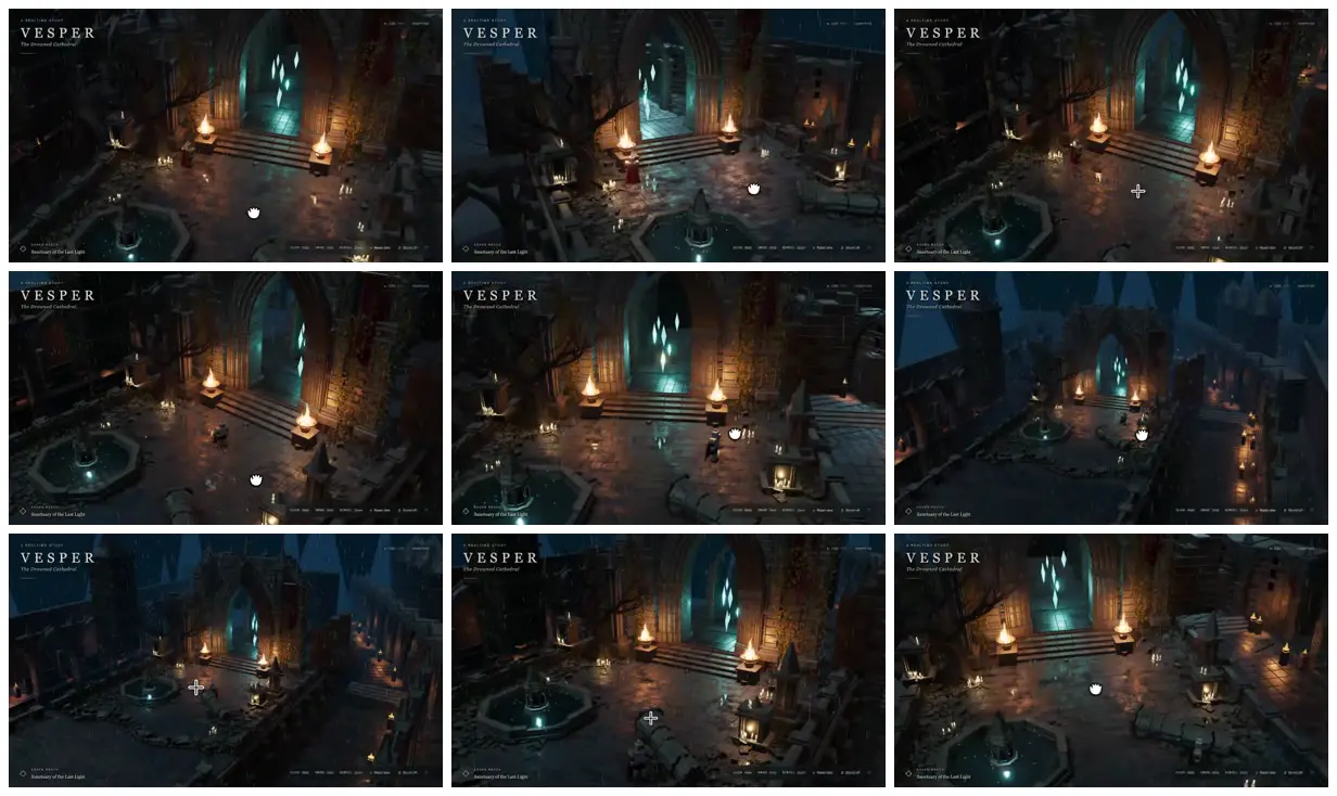 Nine frames from across Drowned cathedral courtyard at night