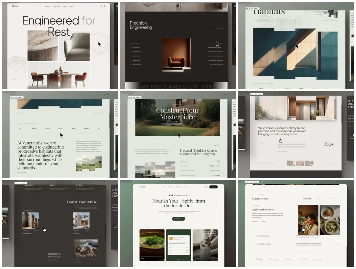 Nine frames from across Four editorial landing pages