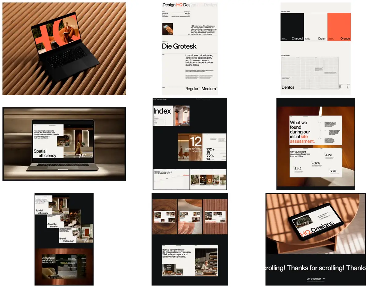 Nine frames from across Editorial interior consultancy deck