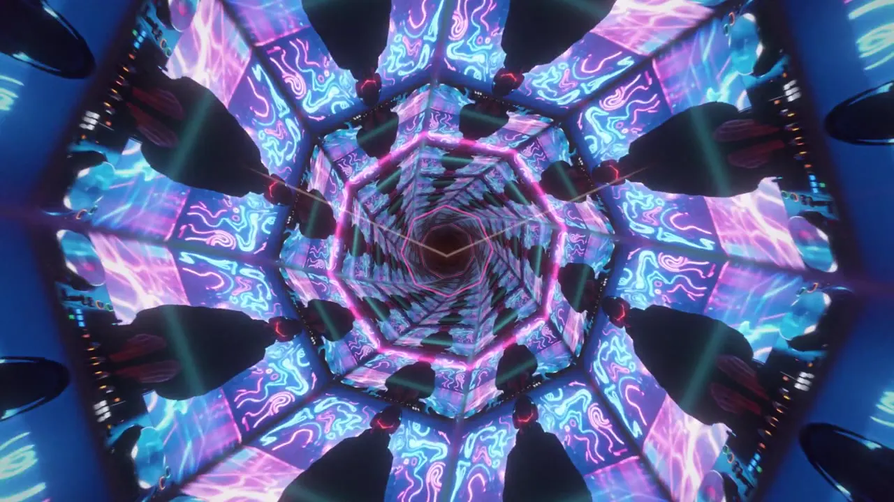 Frame from EDM video mixing DJ footage and shaders
