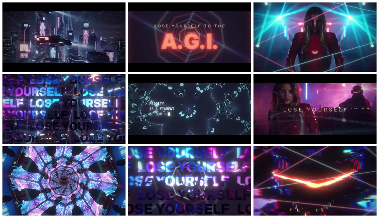 Nine frames from across EDM video mixing DJ footage and shaders