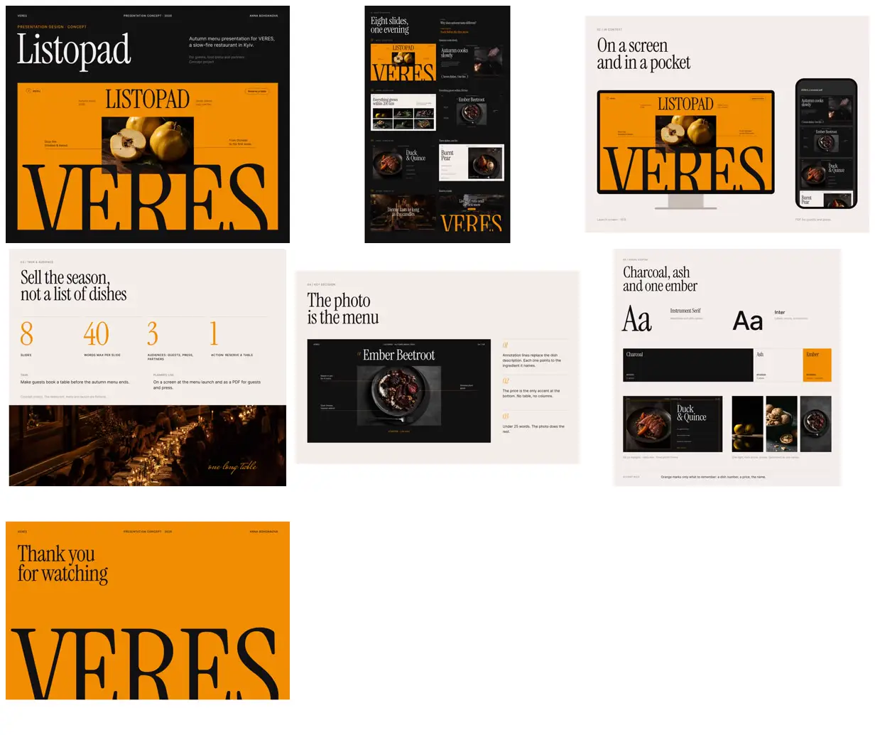 Nine frames from across Ember-orange autumn menu deck