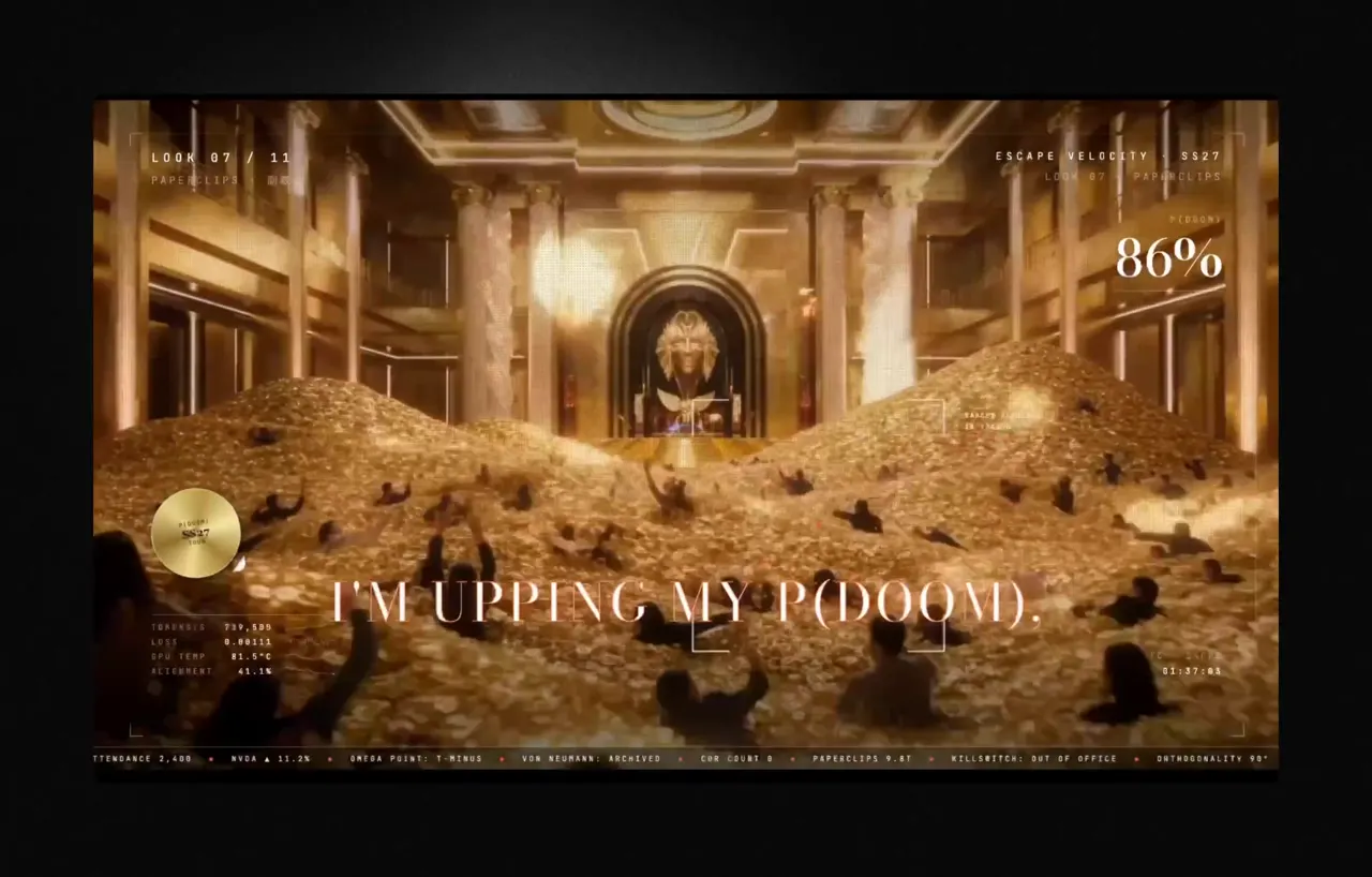 Frame from Fashion-film music video for P(doom)