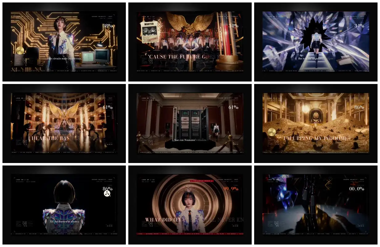 Nine frames from across Fashion-film music video for P(doom)