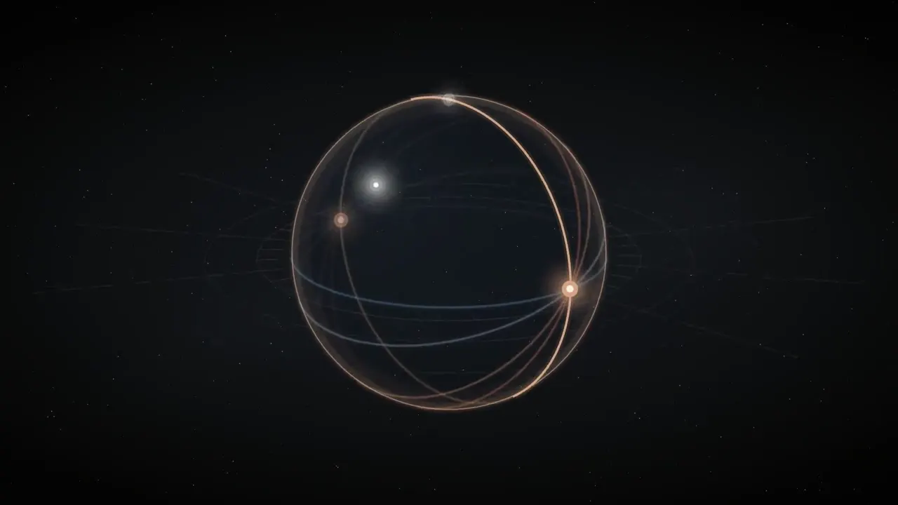 Frame from Every orbit is a great circle, in 3D Manim
