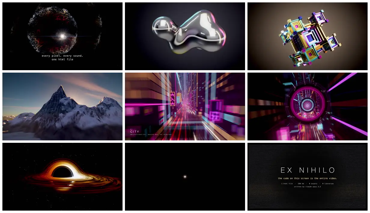Nine frames from across Demoscene film from a single HTML file