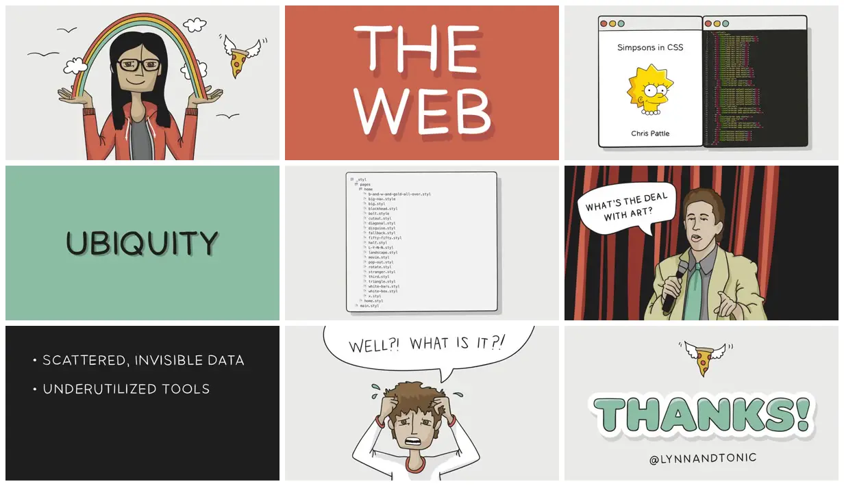 Nine frames from across Art, the web, and tiny UX