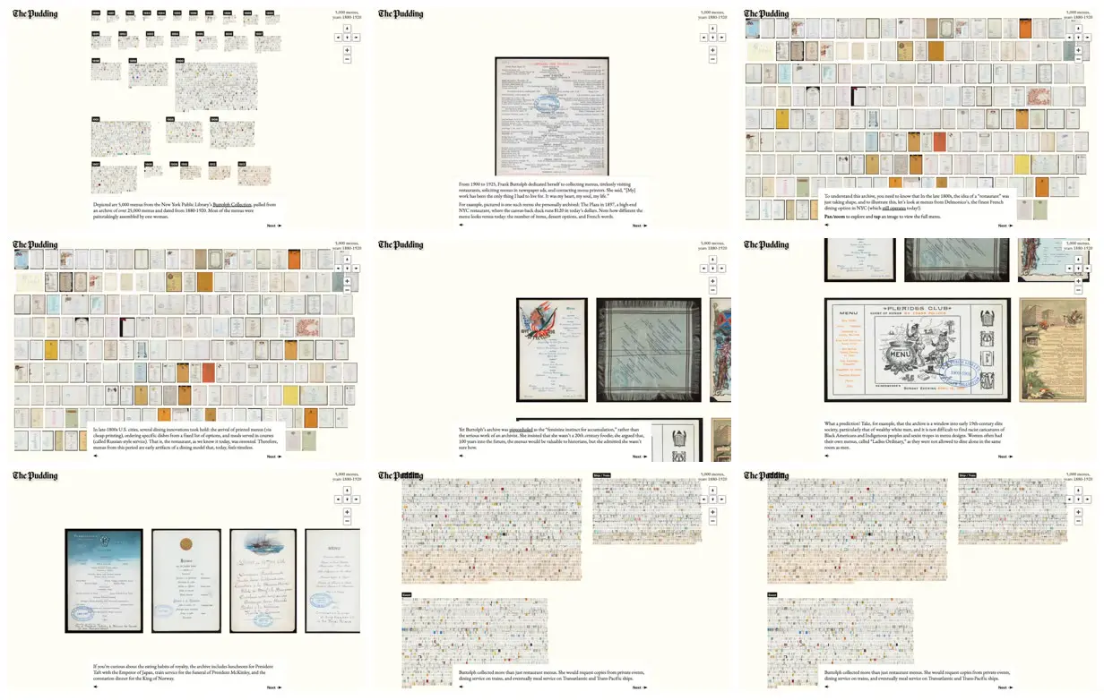 Nine frames from across An atlas of historic restaurant menus