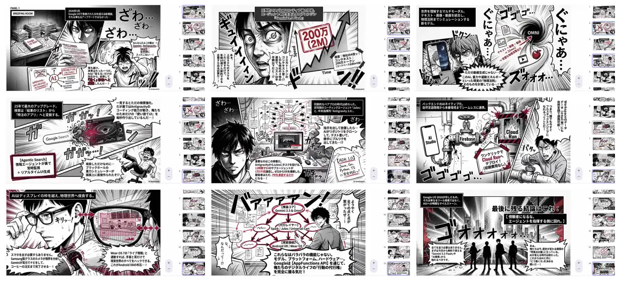 Nine frames from across Explainer deck as a tense manga