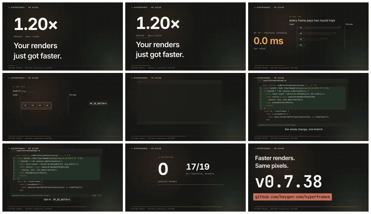 Nine frames from across Feature-reveal video made from a GitHub PR