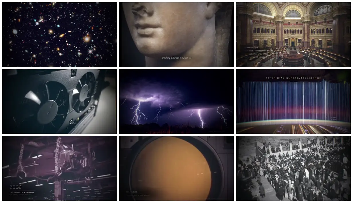 Nine frames from across Fern-style documentary on AI building AI